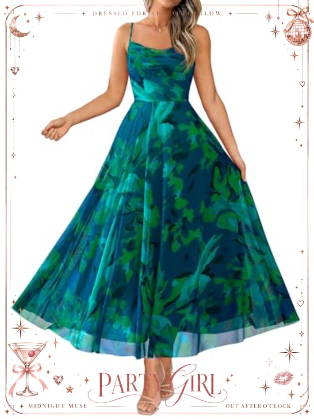 Women Floral Maxi Dress Mesh Sleeveless Cowl Neck Wedding Guest A-Line